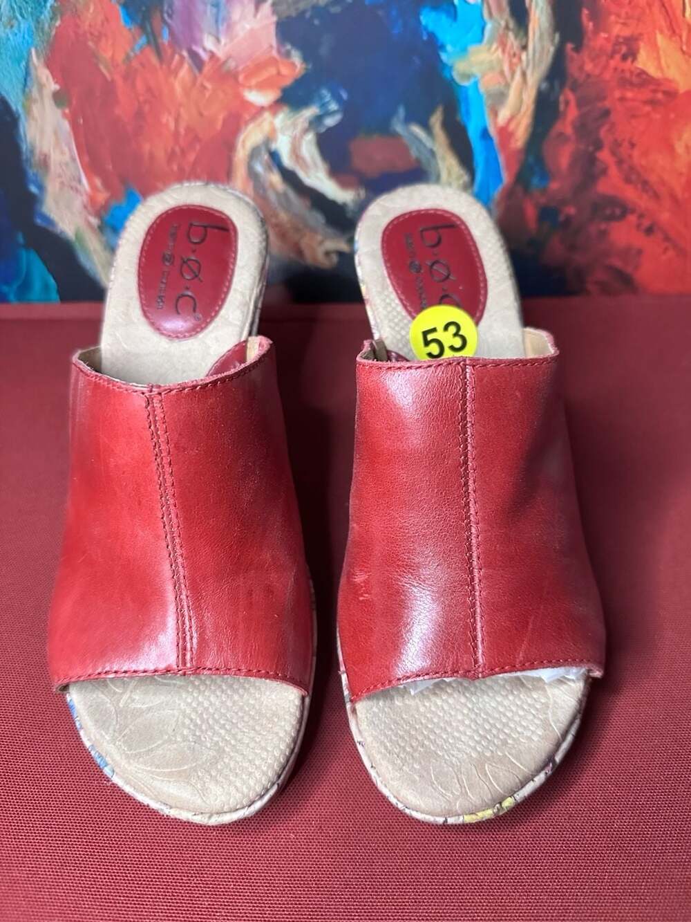 No.53 B.O.C Red Leather Floral Cork Platform Wedge Sandals